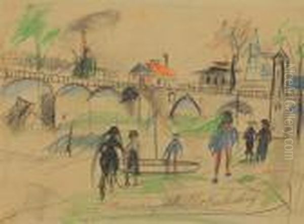 Personnages Au Pont Oil Painting by Maurice Utrillo