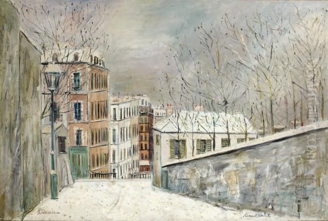 La Rue Du Mont-cenis Sous La Neige Oil Painting by Maurice Utrillo
