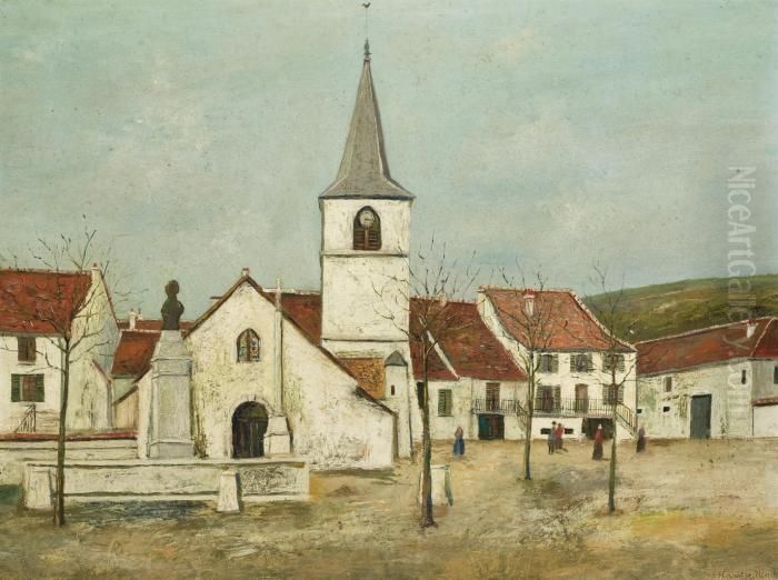 La Place De L'eglise A Macornay (jura) Oil Painting by Maurice Utrillo
