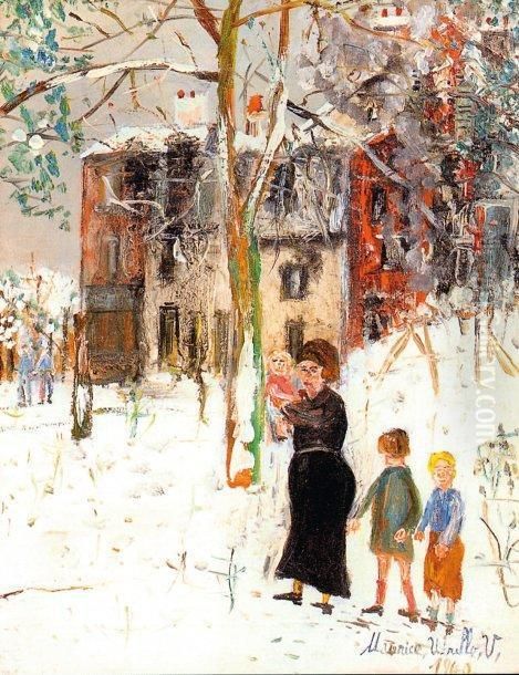 Mere Et Ses Trois Enfants Oil Painting by Maurice Utrillo