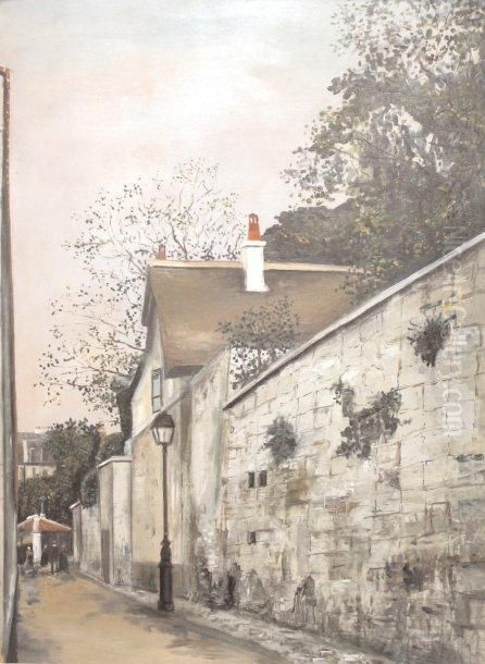 La Rue Saint-vincent A Montmartre Et La Maison Au Toit De Chaume Oil Painting by Maurice Utrillo