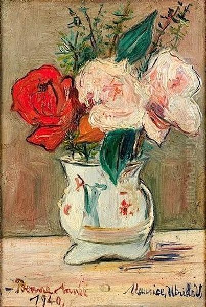 Trois Roses Au Vase Blanc Oil Painting by Maurice Utrillo