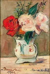 Trois Roses Au Vase Blanc
