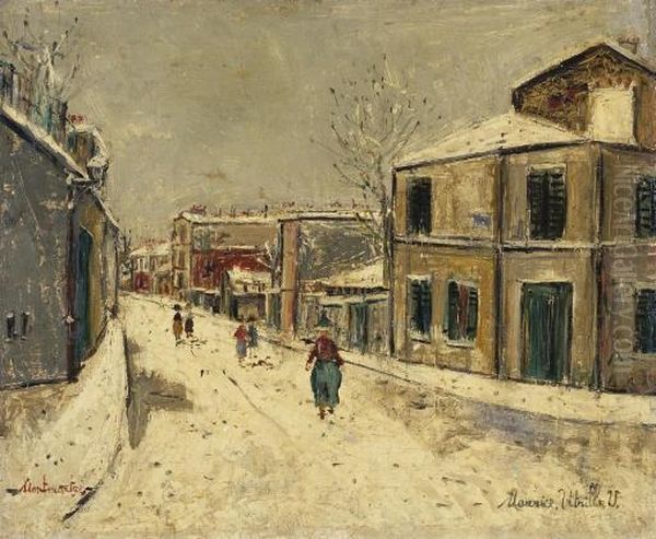 Rue De L'abreuvoir Sous La Neige A Montmartre Oil Painting by Maurice Utrillo
