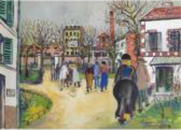 Personnages Dans La Cour De L'asile D'ivry Oil Painting by Maurice Utrillo