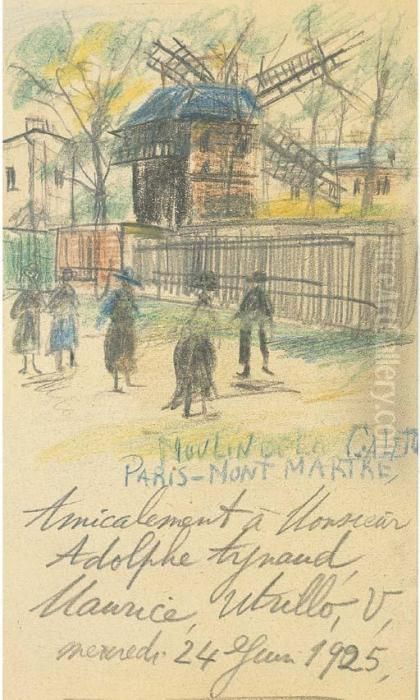 Personnages Devant Le Moulin De La Galette, Montmartre Oil Painting by Maurice Utrillo