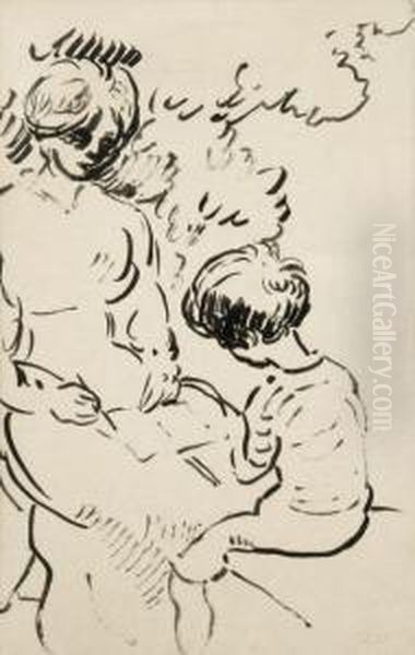 Mere Et Enfant Dans Un Jardin Ou La Lecon De Dessin Oil Painting by Louis Valtat