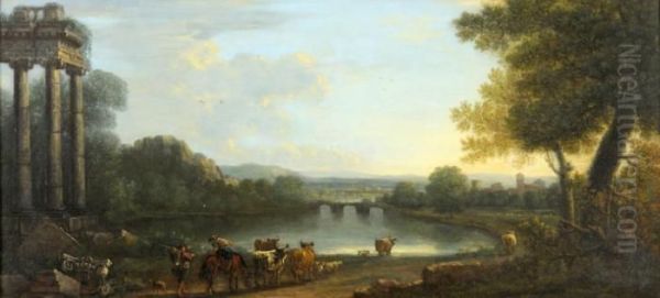 Pastoral River Landscape With Figures By Ruins At Sunset Oil Painting by Jan Frans Van Bloemen (Orizzonte)