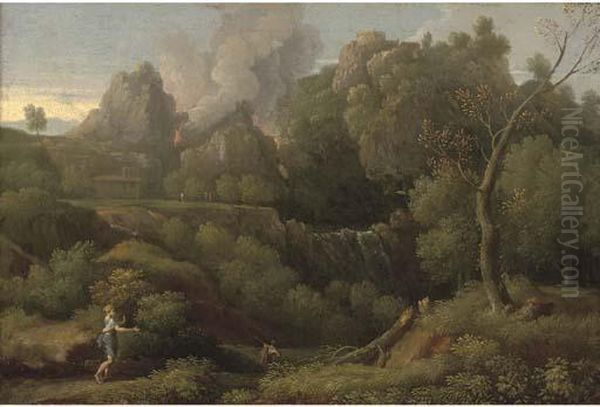 A Wooded Landscape With Figures In The Foreground, A Volcano Erupting Beyond Oil Painting by Jan Frans Van Bloemen (Orizzonte)