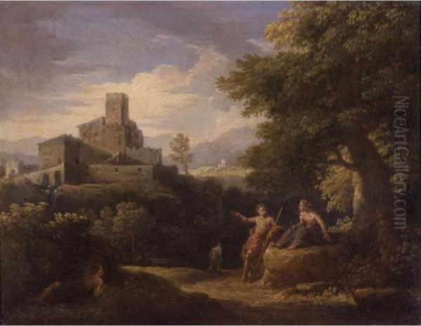 Arcadian Landscape With Figures Resting On A Rock, A Castle Beyond Oil Painting by Jan Frans Van Bloemen (Orizzonte)