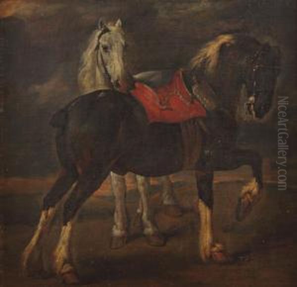 Deux Chevaux Accoles Oil Painting by Pieter van Bloemen