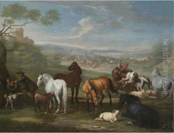 Herdsmen With Horses And Sheep In The Foreground, A Battle Beyond Oil Painting by Pieter van Bloemen