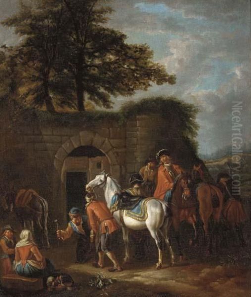 A Ferrier In A Landscape Oil Painting by Pieter van Bloemen