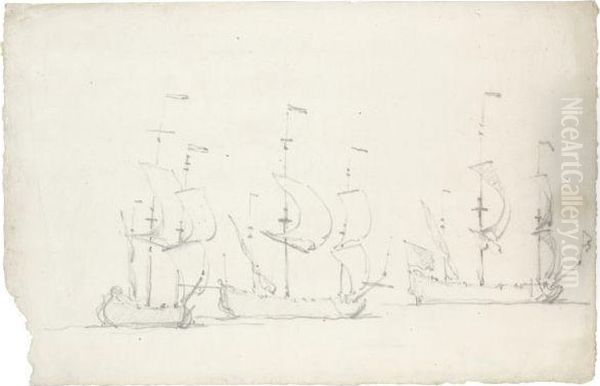 Three Ships Under Sail Oil Painting by Willem van de, the Elder Velde