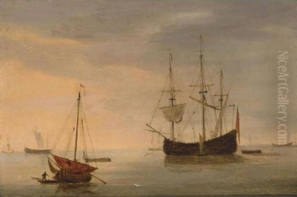 A Dutch Flute At Anchor And A 
Fishing Pink With Sail Lowered In The Foreground In A Calm Sea At Sunset Oil Painting by Willem van de, the Elder Velde