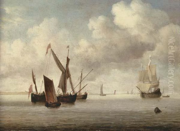 A Galjoot And A Smalschip At 
Anchor Approached By A Small Kaag, Aflute Under Sail And Other Vessels 
Beyond Oil Painting by Willem van de, the Elder Velde