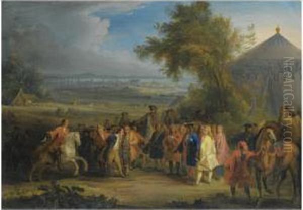 An Extensive Landscape With 
Louis Xiv Of France Being Presented With A Prisoner Of War In The 
Foreground, A Battle Beyond Oil Painting by Adam Frans van der Meulen