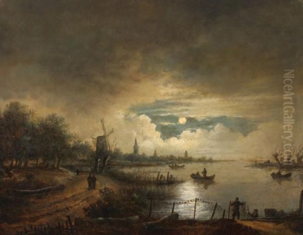 Landscape By Nightbeneath A 
Heavily Clouded Sky And Full Moon. On The Right A Riverscene With 
Fishermen, On The Left A Town And A Windmill Oil Painting by Aert van der Neer