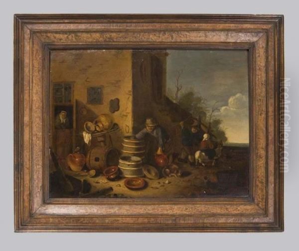 Angehauftem Haushaltgerat In Warmen Braunlichem Kolorit Oil Painting by Egbert van der Poel