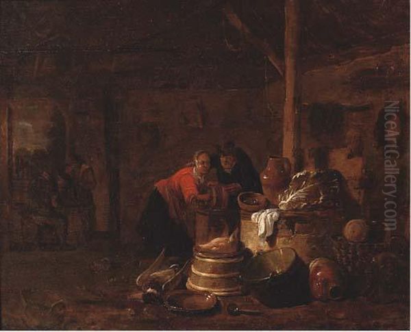A Woman Washing Dishes In A Barn
 With A Man Beside Her, Three Men Conversing In The Background Oil Painting by Egbert van der Poel