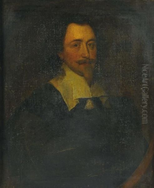 Portrait Of Sir Robert Lovett Of
 Liscombe, Bust-length, In A Black Coat, His Lawn Collar Fastened With A
 Tassle, In A Feigned Oval Oil Painting by Sir Anthony Van Dyck