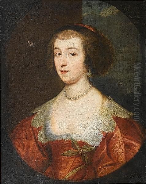 Portrait Of A Lady, Bust-length,
 In A Red Dress With White Lace Trim And Orange Blossom, In A Painted 
Oval Oil Painting by Sir Anthony Van Dyck