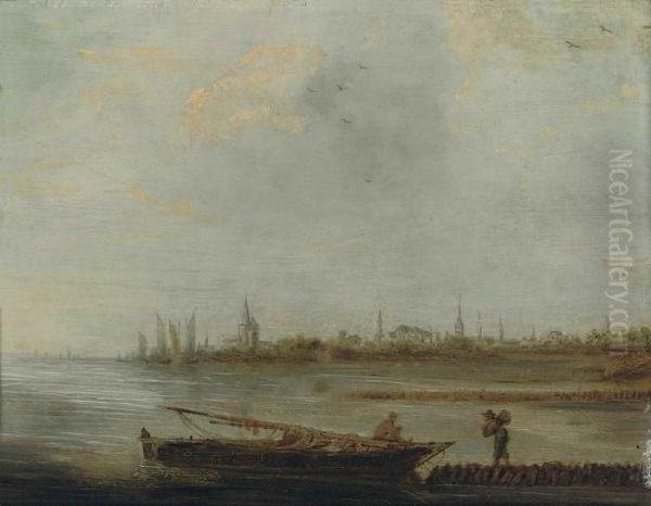 A Coastal Landscape With Fishermen, A City Beyond Oil Painting by Jan van Goyen
