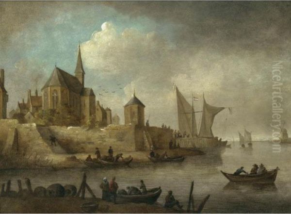 A River Landscape With A Rowing 
Boats Unloading Below The Walls Of A Town, A Church Beyond Oil Painting by Jan van Goyen