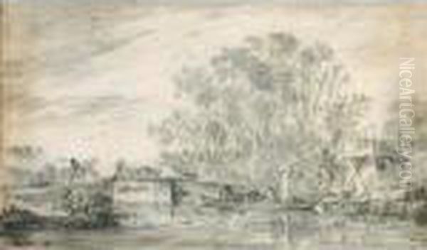 River Landscape With Fishermen 
In Their Boats To The Right, And A Herdsman With His Flocks On A Low 
Bridge Oil Painting by Jan van Goyen
