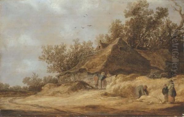 A Dune Landscape With Peasants 
Conversing By A Farm And Othersstanding By A Dead Boar On A Sandy Road Oil Painting by Jan van Goyen