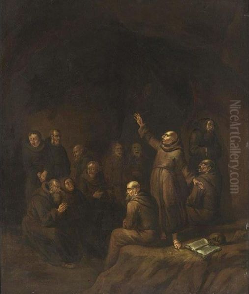 Monks Preaching And Praying In A Cave Oil Painting by Egbert Jaspersz. van, the Elder Heemskerck