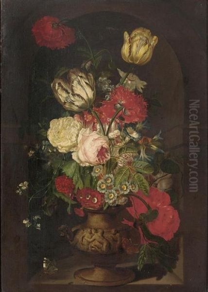 Carnations, Tulips, Morning 
Glories, A Rose And Other Flowers In A Sculpted Urn In A Casement, With 
Two Butterflies Oil Painting by Jan Van Huysum
