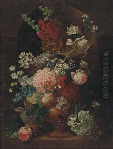 A Parott Tulip, Roses, Morning 
Glory And Other Flowers In An Urn Ina Niche, With A Butterfly Oil Painting by Jan Van Huysum