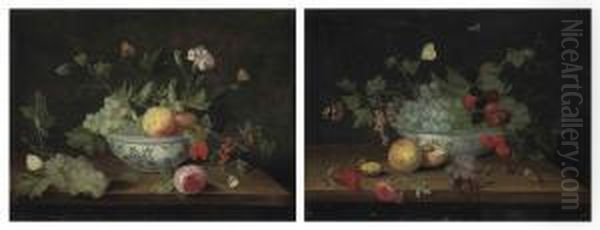Grapes, Peaches, Cranberries, 
Flowers And Butterflies, In Aporcelain Bowl On A Wooden Ledge; And 
Grapes, Blackberries,cherries, Butterflies And A Walnut In A Porcelain 
Bowl On A Woodenledge Both Oil Painting by Jan van Kessel
