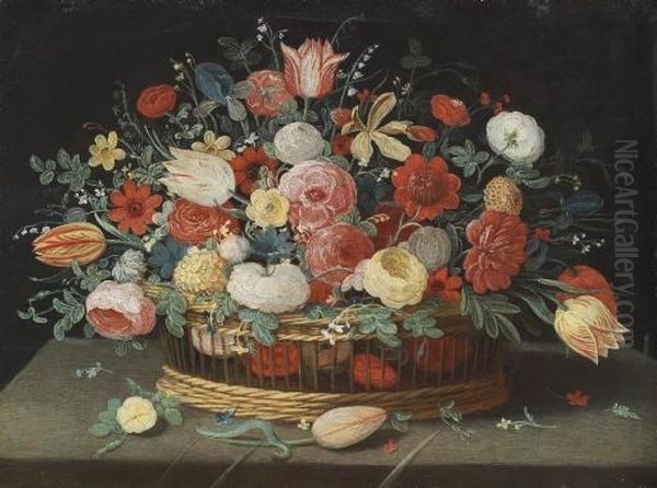 Roses, Tulips, Irises And Other 
Flowers In A Basket, On A Draped Table Strewn With Flowers And Foliage Oil Painting by Jan van Kessel