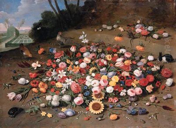 Parrot Tulips, Roses, 
Sunflowers, Lilies, Dahlias, Poppies,cornflowers, Narcissi, Daffodils, 
Irises And Other Flowers, Withchickens, A Tortoise, A Rabbit, A Monkey, A
 Great Tit, A Jay,butterflies, And Two Frogs On A Hillside, An 
Ornamental Gardenb Oil Painting by Jan van Kessel