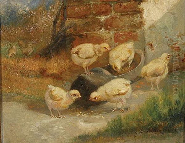 Vijf Kuikentjes. Oil Painting by Jef Louis Van Leemputten