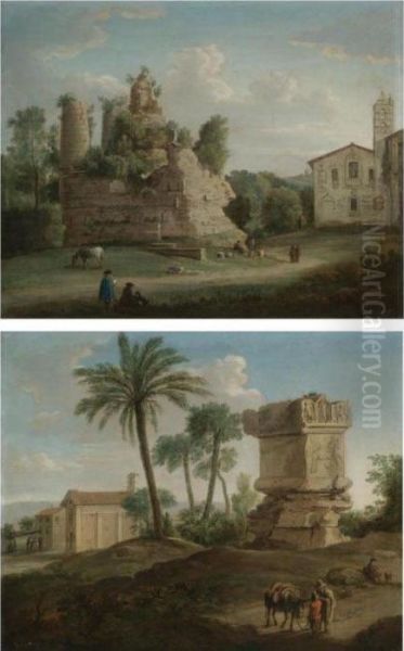A View Of An Ancient Tomb (the 
So-called 'tomb Of The Horatii And Curiatii Brothers') At Albano;
 A View Of The Tomb Of Vibius Marianus (the So-called 'tomb Of Nero') On
 The Via Cassia, Rome Oil Painting by Hendrik Frans Van Lint