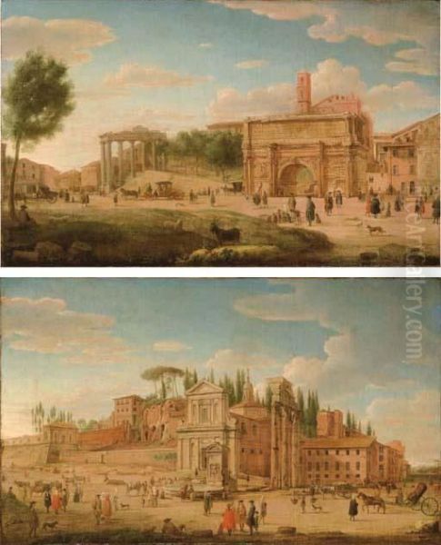 Roma, Veduta Del Foro Romano Con L'arco Di Settimio Severo E La Torre Del Campidoglio Oil Painting by Hendrik Frans Van Lint