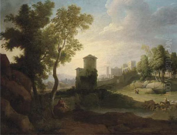 A Classical Landscape With A Drover And Cattle At A Lake, A Walled Town Beyond Oil Painting by Hendrik Frans Van Lint