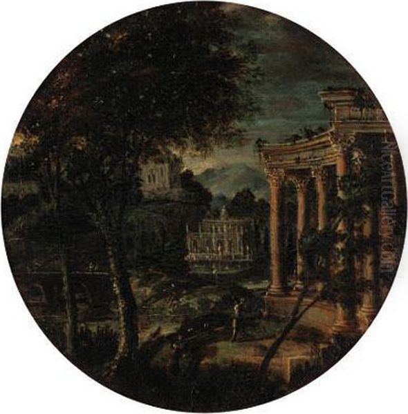 Figures Before Classical Ruins 
In An Extensive Landscape; And Afigure Before A Portico In A Mountainous
 River Landscape Oil Painting by Hendrik Frans van Lint (Studio Lo)