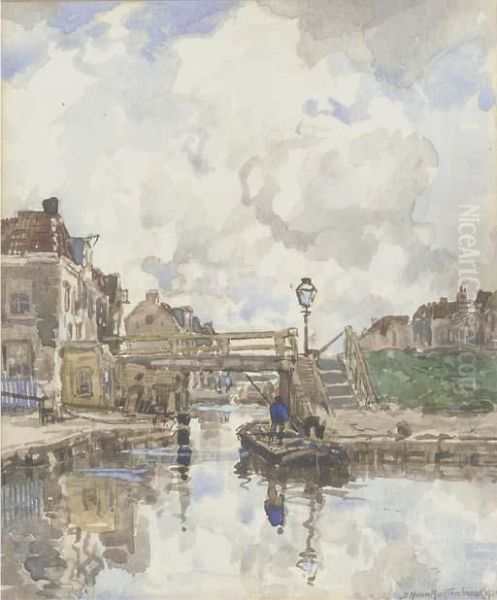 Punting On A Dutch Canal Oil Painting by Johann Hendrik Van Mastenbroek