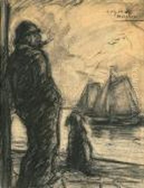 Man Met Hond Aan De Kade (ca. 1904) Oil Painting by Eugeen Van Mieghem