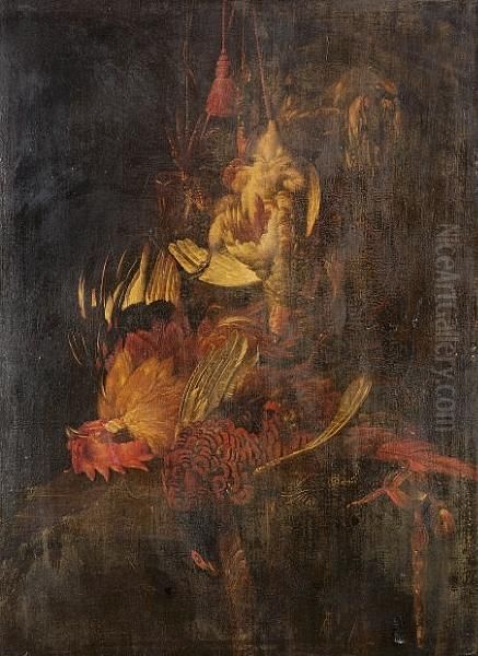 Dead Game With A Grouse And 
Songbirds Hanging In A Niche, A Pheasant And A Cockerel Lying On A Table
 Below, Surrounded By Hunting Paraphernalia Oil Painting by Willem van Mieris