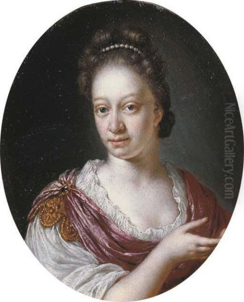 Portrait Of A Lady, Small 
Bust-length, In A White Gown And Afuchsia Shawl Held Together With A 
Gold Clasp Set With A Stone,pearls In Her Hair Oil Painting by Willem Van Mieris Leiden