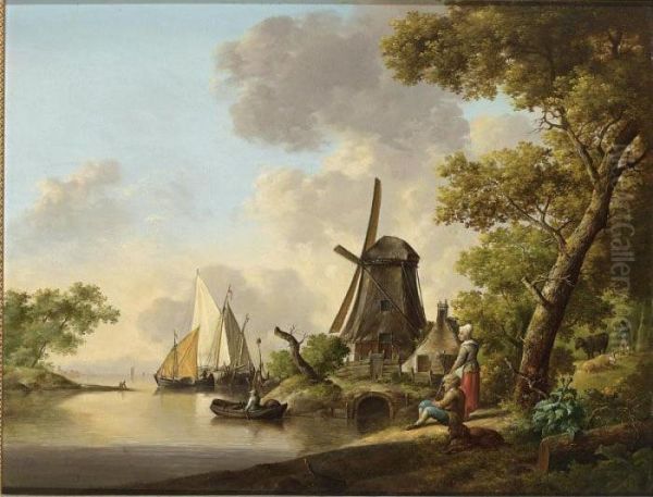 A Winter Landscape With Houses 
Along A Frozen River And A Gatherer Of Dry Sticks On A Wooden Bridge In 
The Foreground; A Summer Landscape With A Mill Near Water, Moored 
Sailing Boats And A Rowing Boat Along The Shore, And A Peasant Couple In
 The F Oil Painting by Jan van Os