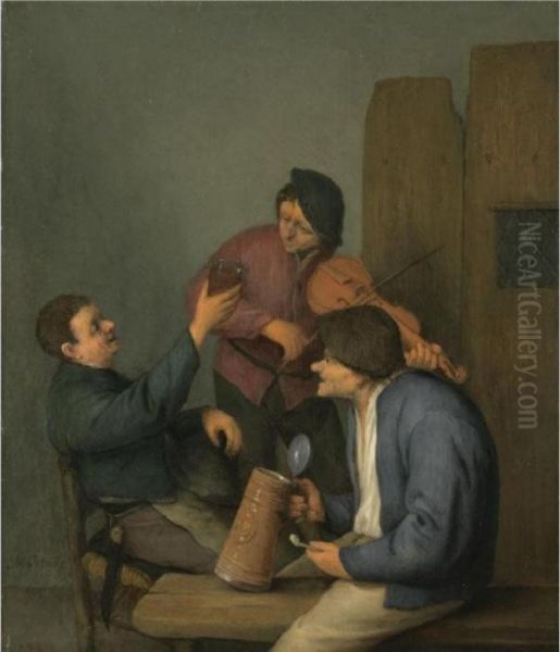 Three Peasants In An Interior Oil Painting by Adriaen Jansz. Van Ostade