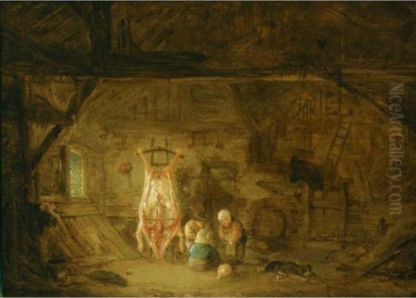 A Barn Interior With Three Children Playing With A Pig's Bladder Oil Painting by Isaack Jansz. van Ostade