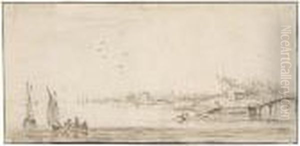 River Landscape With Two Small Boats To The Left And A Bridge To The Right Oil Painting by Salomon van Ruysdael