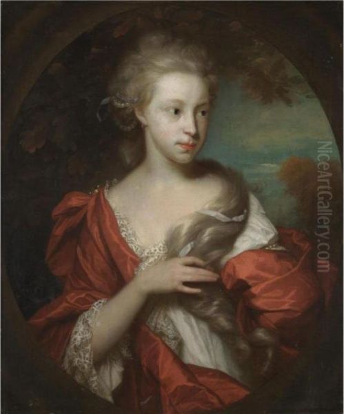 Portrait Of A Girl, Half Length, Turned To The Right, Wearing A Red Shawl Oil Painting by Godfried Schalcken